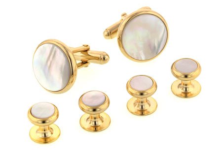 Classical elegance. Yellow gold plated cufflinks and shirt stud formal set accented with mother of pearl with presentation box. Made in the U.S.A