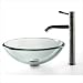 Kraus C-GV-101-19mm-2180 Features: -Glass sink is constructed from solid tempered glass. -Sink 
features polished glass interior and exterior. -Designed for above counter installation with 
standard US plumbing connections. -Solid brass umbrella pop-up drain and mounting ring in Satin 
Nickel finish are included. -Aldo vessel faucet is constructed from 100% solid stainless steel. 
-Supreme-satin stainless steel finish. -Faucet resists discoloration and corrosion. -High-quality 
ceramic cartridge. -Single-hole, top-mount installation. -Single lever water and temperature 
control. -All mounting hardware and hot / cold waterlines are included. -ADA compliant. -Certified 
and Listed by UPC, cUPC, CSA, IAPMO, ANSI and SCC. -Limited Lifetime Warranty. Specifications: 
-Diameter: 17". -Height: 6". -Glass thickness: 0.75" (19 mm). -Mounting ring adds 0.5". -1.75" 
standard drain opening. -Faucet Height: 14.5" (15.5" when a lever is opened). -Spout Height: 9". 
-Spout Reach: 7.25". -Spout swivels: 360 degrees.