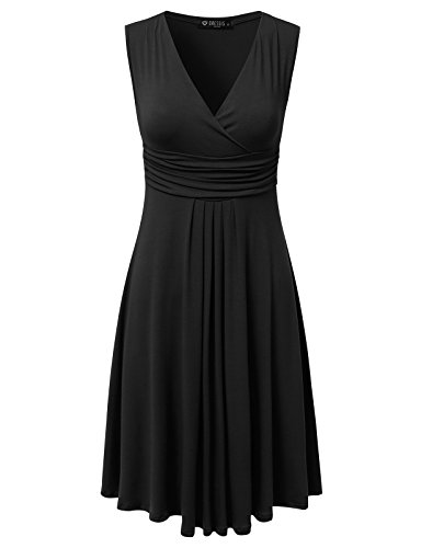 DRESSIS Women's Sleeveless V Neck Pleated Waist Flared Dress S to 3XL (13 Colors)