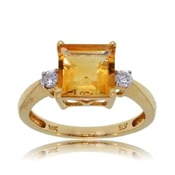 Princess Citrine & Diamond 3 Stone Ring in Solid 14K Yellow Gold