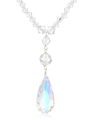 Sterling Silver Swarovski Elements Crystal Bicone and Faceted Round Bead Necklace with Crystal Aurora Borealis Tear Drop Pendant Necklace, 16"+ 2" Extender