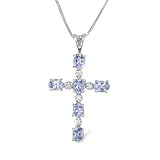 9ct White Gold Ladies Tanzanite and Diamond Cross Set With 2pts Of Diamonds On An 18 Box Chain
