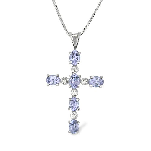 9ct White Gold Ladies Tanzanite and Diamond Cross Set With 2pts Of Diamonds On An 18 Box Chain