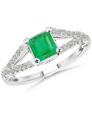 Split Shank Round Diamond and Square Emerald Ring- 0.55 ct TGW