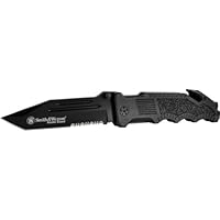 Smith and Wesson SWBG2TS Border Guard 2 Rescue Knife with 40% Serrated Tanto Blade, Glass Break, and Seatbelt Cutter, Black