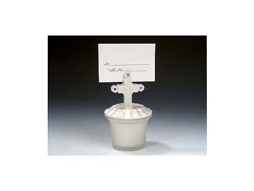 Glass Candle/Place Card Holder With Cross Top & Clear Crystals - Wedding Party Favors