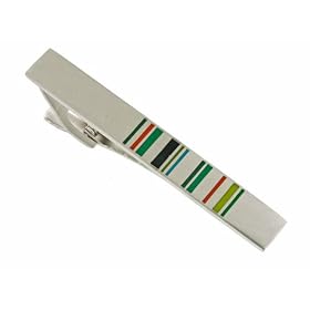 Silver plated brushed finish tie clip with blue, green and orange enamel in a... by