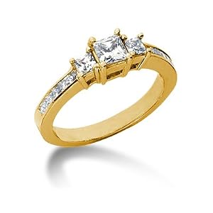 1.26CTW Princess Diamond Three Stone Ring with Side Stones in 18k Yellow Gold
