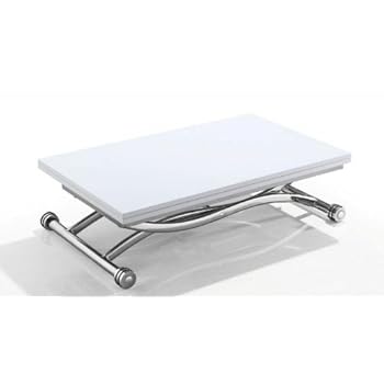 Table basse HIGH and LOW relevable extensible, plateau laqué blanc brillant.