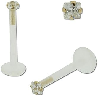 Bioflex &amp; 14K Solid Yelllow Gold Lip Labret Monroe Ring with Clear Square