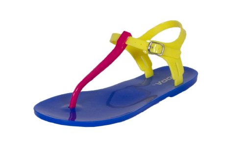 Ian! By Soda Jelly Flat Thong Ankle Strap Sandals in Fuchsia Yellow Blue PVC Colorblock