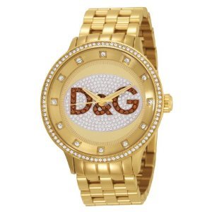 D&G Dolce & Gabbana #DW0379 Unisex Gold Tone Prime Time Collection Oversized Crystal Accented Watch
