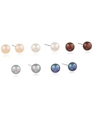 5-Pair Set of White, Gray, Peacock, Peach and Chocolate Freshwater Cultured Pearl Sterling Silver Stud Earrings (7-8mm)