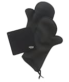 Kitchen Grips Extra-Long Oven Mitt Pair with Table Trivet, Charcoal Black
