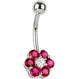 Solid 14KT White Gold Ruby Cubic Zirconia FLOWER Belly Ring