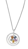 14K White Gold Hand-Crafted Designer Open Circle-in-Circle and Flower Shaped Pendant, Enhanced with Pave Set Diamonds and Centered with Precious Stones, Sliding on a 16'' Cable-Chain Necklace.( GH-Color, SI-Clarity, c.t.t.w.0.61CT, Precious Stones 1.15CT).