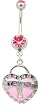 Stainless Steel Belly Ring with Pink Crystals - "Taken" Heart Lock Dangling