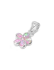 Sterling Silver Pink Lab Opal Plumeria Pendant Wholesale Charm Pure 925 New 9mm with 1.2mm Rope Chain