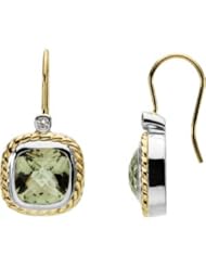 Genuine Checkerboard Green Quartz & Diamond Earring Sterling Silver & 14K Yellow Gold Pair 10.00X10.00mm/ .06 Ct Tw;P;Genuine Checkerboard Green Quartz & Diamond Earring