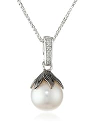 Sterling Silver Freshwater Cultured Pearl and Diamond Drop Pendant Necklace, 18"