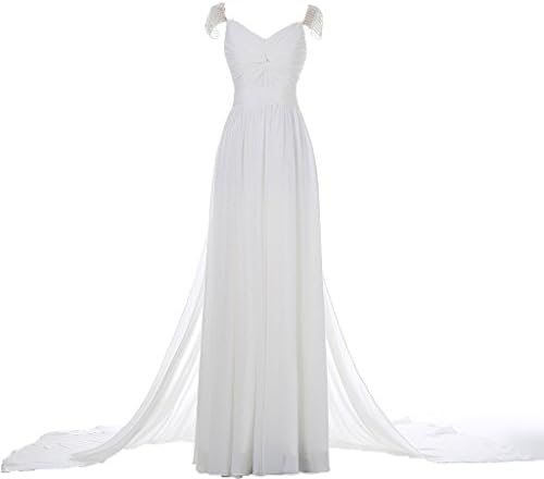 Aolanes Women's Beaded Capsleeve V neck White Long Evening Dress with Tail US4