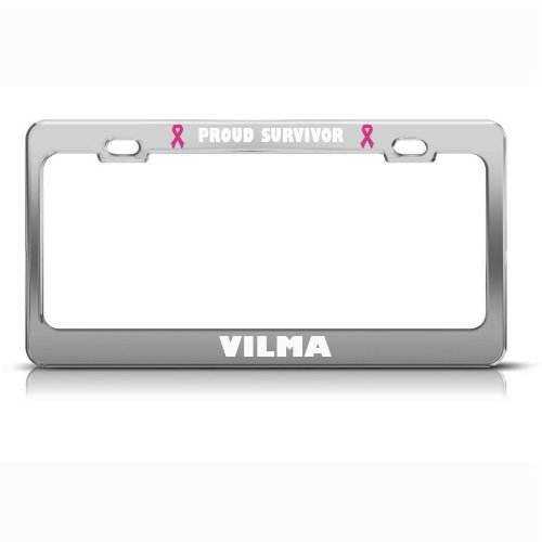 Vilma Proud Survivor Cancer Ribbon Chrome Metal License Plate Frame Tag Border
