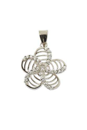 14k White Gold, Hawaiian Flower Pendant Charm Lab Created Gems 20mm Wide