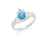 14k White Heart Topaz-Blue Birthstone Claddagh Ring - Size 7.0