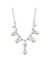 16"+2"Extension Rhodium Plated CZ Flower and Cultured Freshwater Pearl Necklace