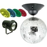 Startec 8mirror ball combo package includes a table or hangable mirror ball motor, 8 inch ball and pinspot with 4 color lenses