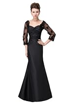 Hot Sale Herafa 3/4 Sleeve Mermaid Prom Dresses Floor Length Rows of Lace & Delicate Beading Black Size:10