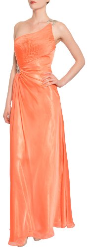 La Femme Papaya One Shoulder Asymmetric Pleated Rhinestone Prom Gown Dress
