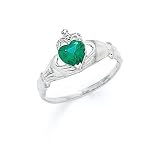 14k White Heart Emerald-Green Birthstone Claddagh Ring - Size 7.0