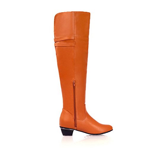 VogueZone009 Ladys Round Closed Toe Low Heel Soft Material PU Solid Boots with Non-Slipping Sole, Orange, 10.5 B(M) US