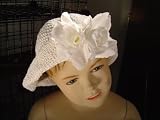 HT24,White Gimp floppy hat with one white rose