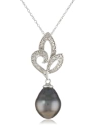 10k White Gold 9-9.5mm Tahitian Cultured Pearl and Diamond Pendant Necklace (0.1 cttw, G-H Color, I2-I3 Clarity), 17"