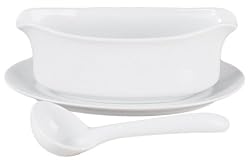 HIC 18-ounce Porcelain Gravy Boat with attached Saucer and Ladle Set