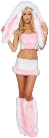 Pink Bunny Costume Fuzzy Short Top Mini Skirt Hood Leg Warmer Rave Party Outfits