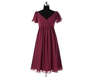 A-line V-neck Chiffon Knee Length Short Lace Flutter Natural   Waistline Bridesmaid Dress 