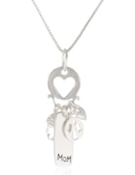 Sterling Silver Heart Charm Neck with "Mom", Crystal and Angel Charms, 18"