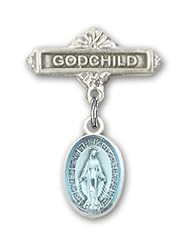 Sterling Silver Baby Badge with Blue Miraculous Charm and Godchild Badge Pin