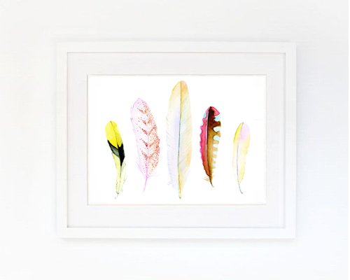 Pebble Field - Handpaint Abstract Watercolor Feathers Print Modern Abstract Framed Art Print Decro, 8" x 10" White Matte