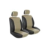 A Set of 2 Universal-Fit Low Back Front Bucket Simulated Leather Leatherette Seat Covers with Separate Headrest - Beige Center with Black Side Trim