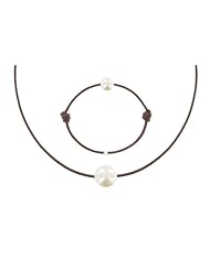 Les Poulettes Jewels - Necklace and Bracelet Set White Pearl 8-9 mm with Chocolate Color Wax Cord