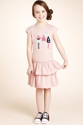 Pure Cotton Bird House Frill Hem Dress