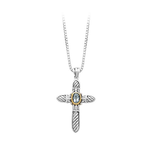14K White Gold and Sterling Silver Blue Topaz Pendant with Chain