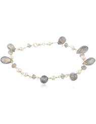 Faceted Teardrop Labradorite and White Freshwater Cultured Pearl Linked Chain Bracelet, 7.5"