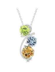 Alexander James White Gold Rhodium Bonded Triple Solitaire Pendant with Round Cut Green and Lavender and Champagne CZ and Clear CZ Accents at Top and Bottom in Silvertone Chain Included