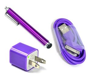Bluecell Purple Color Wall AC Charger with 3 Feet USB Sync Data Cable, Universial Touch Screen Stylus for iPhone 4/4S/3GS/iPod