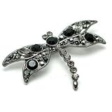 Black and Smokey Color Austrian Rhinestone Dragonfly Design Silver-Tone Brooch / Pin